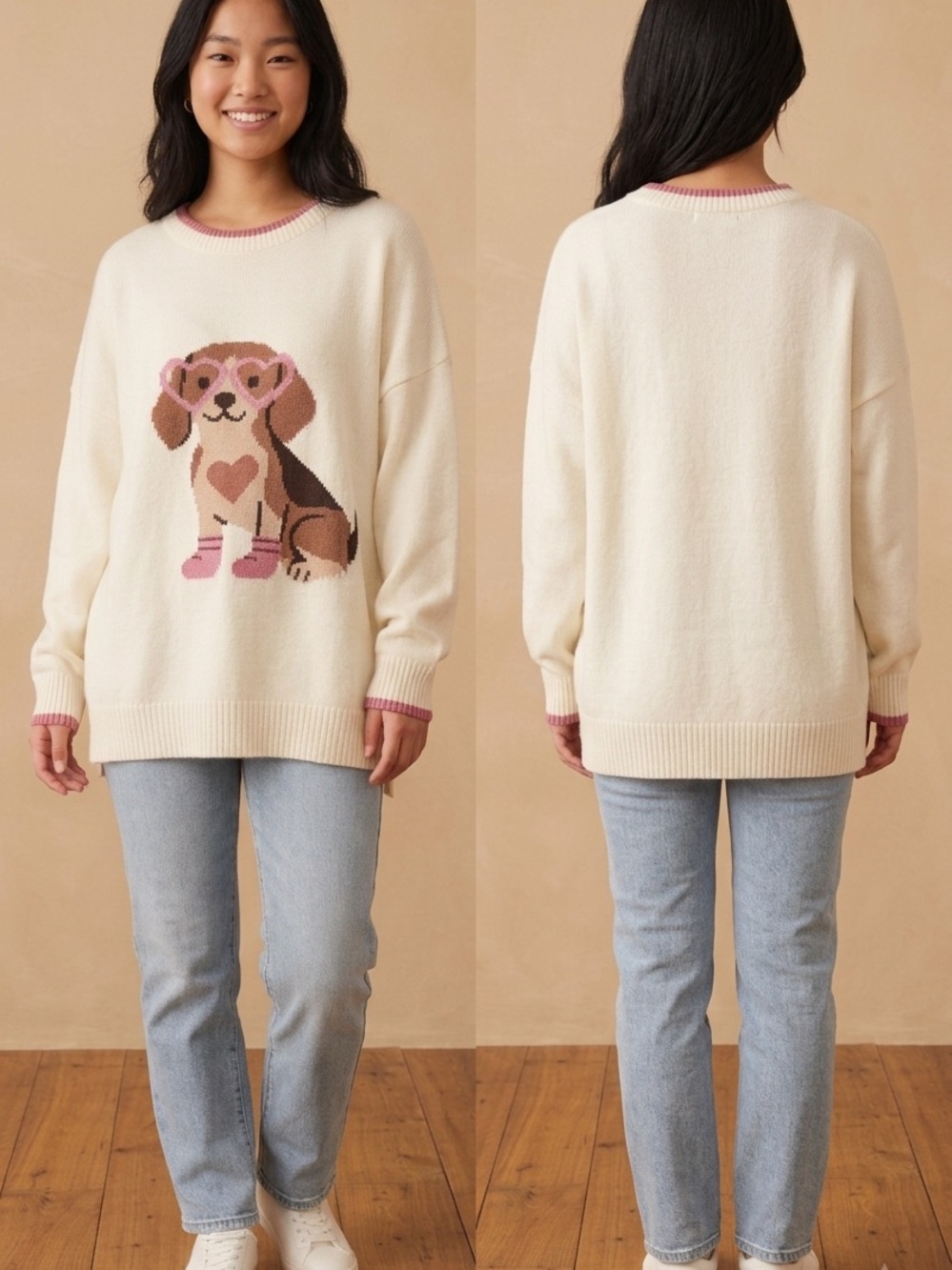 BloomChic Cream Crewneck Sweater with Dog Intarsia and Pink Trim
